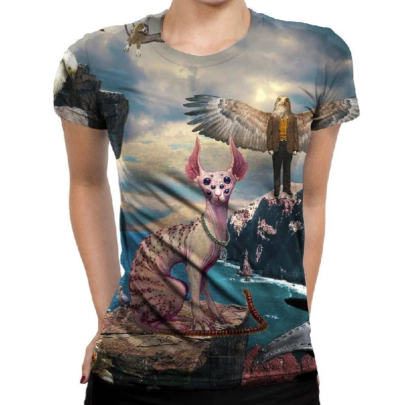 Birds With Cat Womens T-Shirt Spandex Blend Rayon Blend Denim Blend