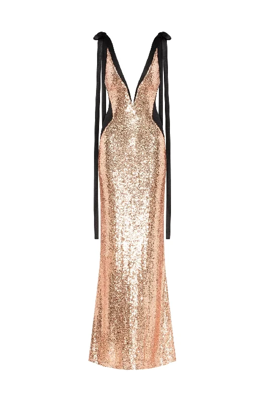 Bizzare fully sequined tie-straps gold maxi dress, Smoky Quartz Trendy Floral Print Maxi Dress