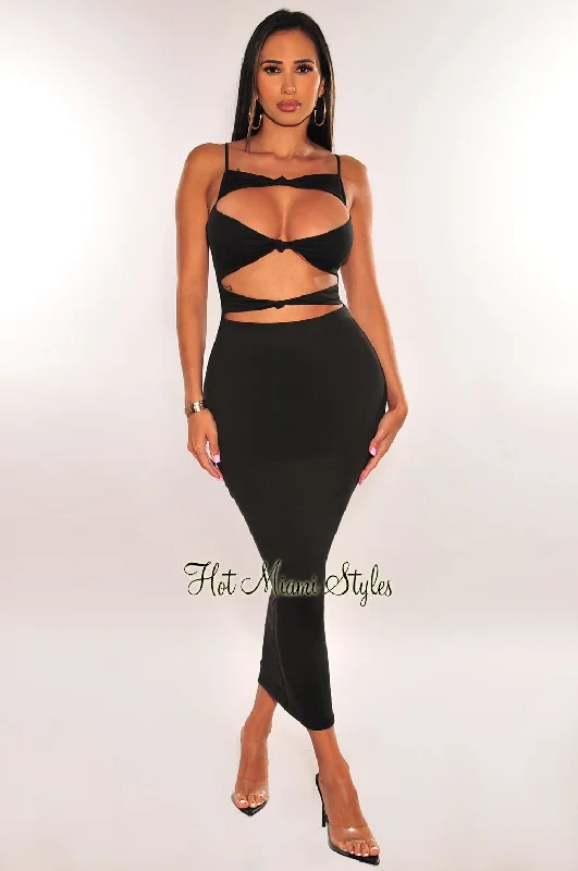 Black Cut Out Knotted Slim Fit Maxi Dress Trendy Short Sleeve Maxi Dress