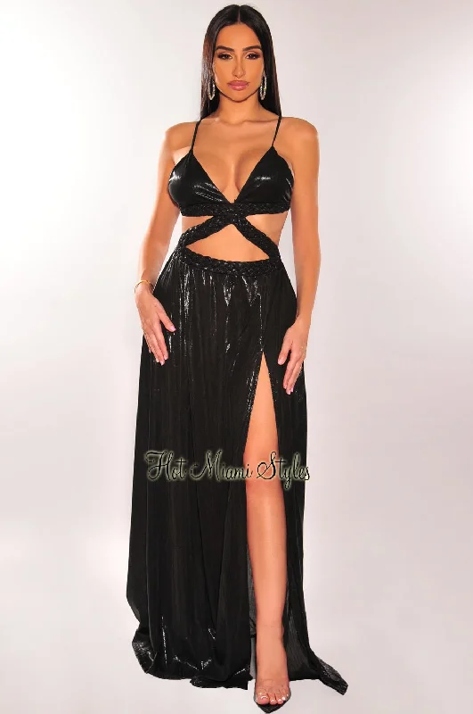 Black Shimmery Spaghetti Straps Braided Cut Out Slit Maxi Dress Comfortable Bohemian Maxi Dress Black Shimmery Spaghetti Straps Braided Cut Out Slit Maxi Dress Comfortable Bohemian Maxi Dress