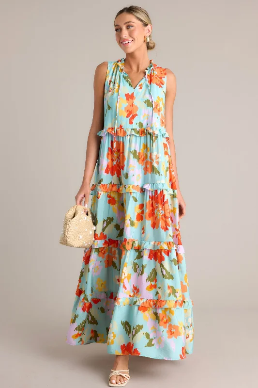 Blossom Breeze Sky Blue Multi Floral Maxi Dress Comfortable Fit-and-Flare Maxi Dress