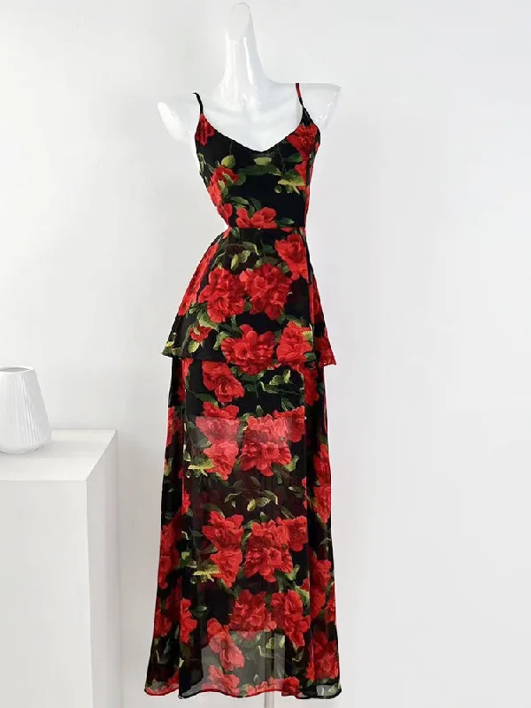 Blossoms Chiffon Red Floral Maxi Dress Fashionable Button-Down Maxi Dress