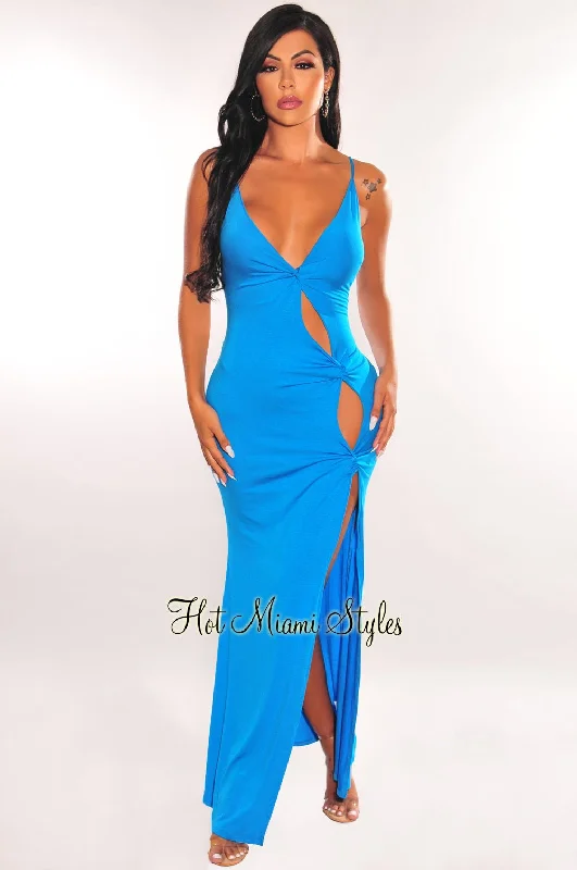 Blue Spaghetti Straps Knotted Cut Out Slit Maxi Dress Stylish Maxi Dress with Pleats Blue Spaghetti Straps Knotted Cut Out Slit Maxi Dress Stylish Maxi Dress with Pleats