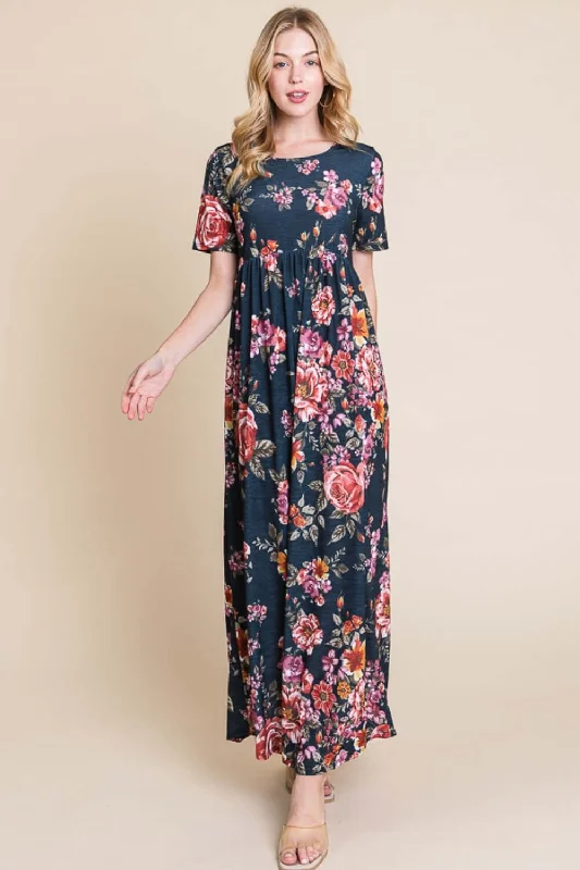 Floral Short Sleeve Maxi Dress Elegant Maxi Dress with Slit
