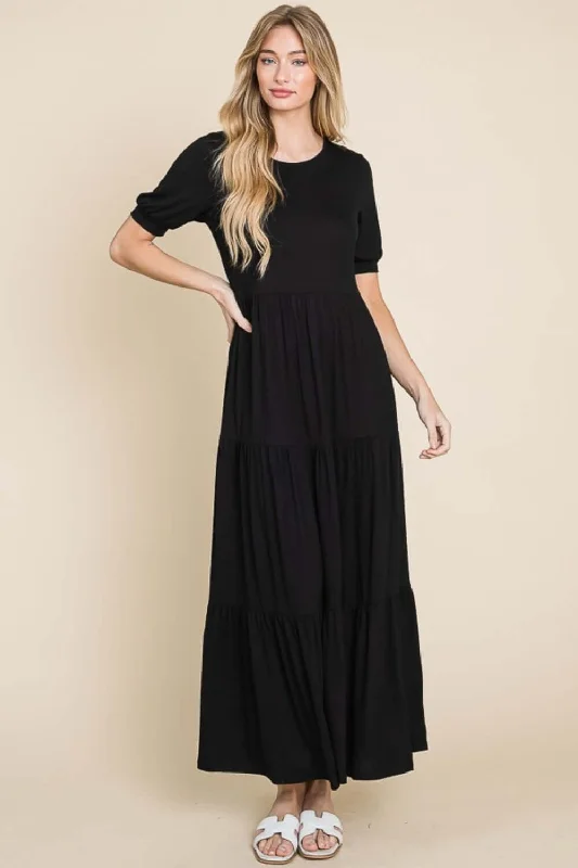 Short Sleeve Tiered Maxi Dress Comfortable Flowy Maxi Dress