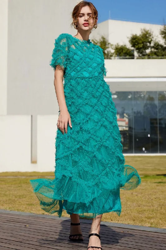 Breezy Mock Neck Polka Dot Tulle Summer Ruffled Evening Maxi Dress - Emerald Green Fashionable Maxi Dress with Fringe Breezy Mock Neck Polka Dot Tulle Summer Ruffled Evening Maxi Dress - Emerald Green Fashionable Maxi Dress with Fringe
