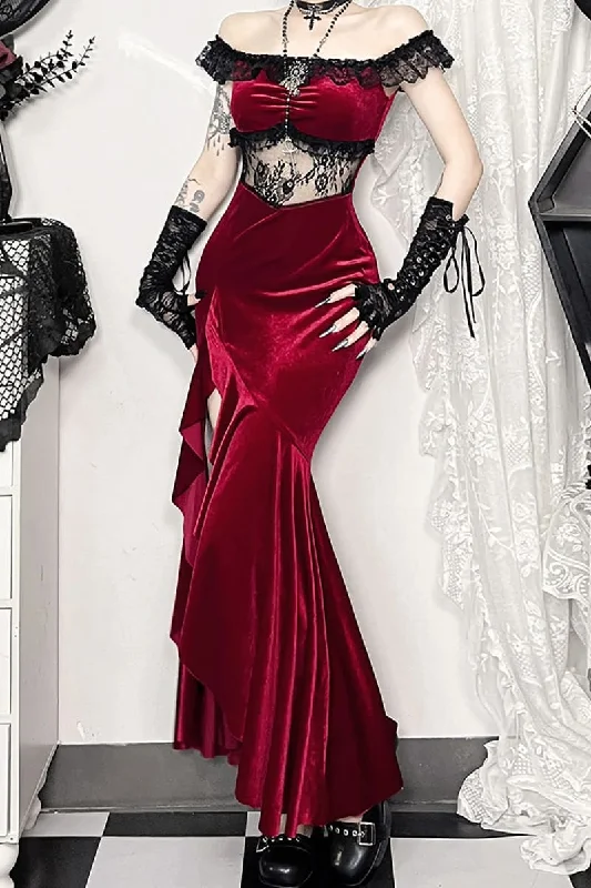 Burgundy Velvet Off The Shoulder Maxi Dress Comfortable Casual Maxi Dress