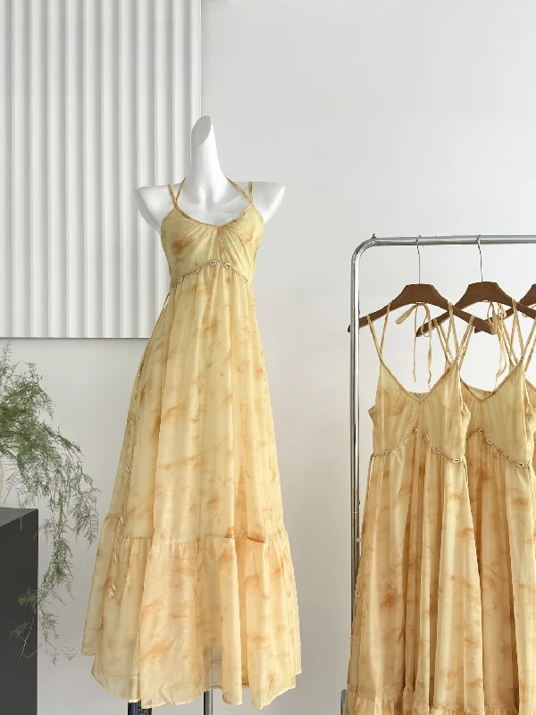 Button Yellow Tie-Dye Halter Maxi Dress Cozy Maxi Dress with Slit