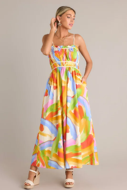 Call Me Yours 100% Cotton Yellow Multi Print Maxi Dress Classic V-Neck Maxi Dress