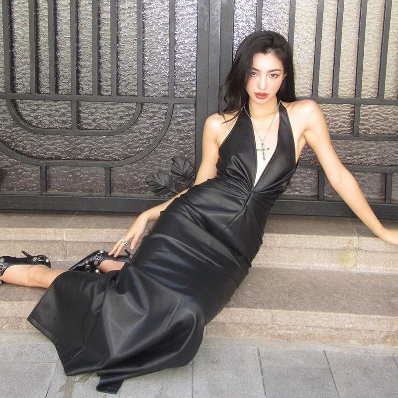 Camden Faux Leather Maxi Dress Trendy Button Front Maxi Dress
