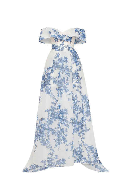 Catchy off-the-shoulder blue hydrangea maxi dress, Garden of Eden Comfortable Fitted Maxi Dress Catchy off-the-shoulder blue hydrangea maxi dress, Garden of Eden Comfortable Fitted Maxi Dress