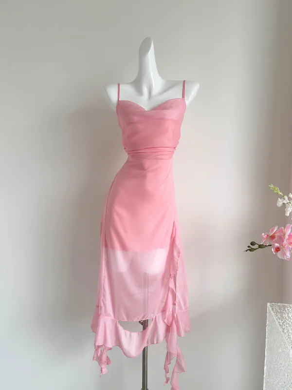 Chiffon Asymmetrical Skirt Pink Maxi Dress Stylish Long Sleeve Maxi Dress