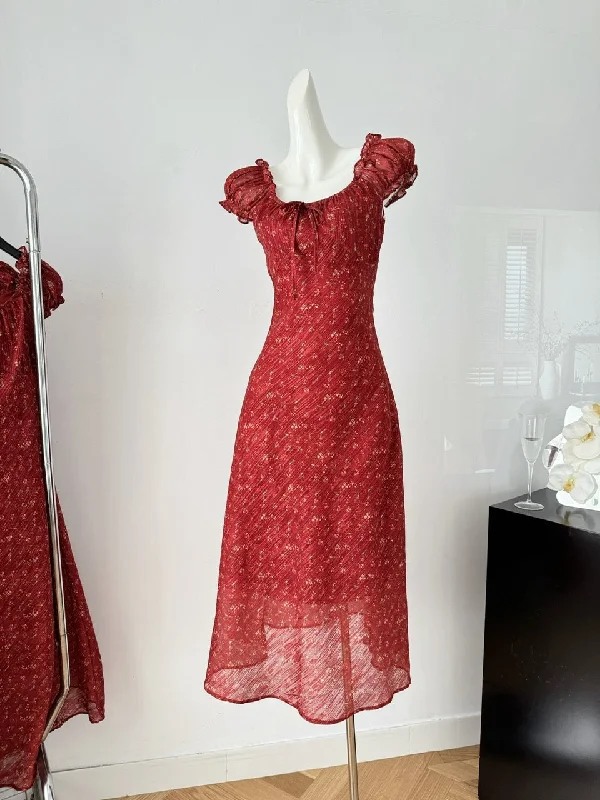 Chiffon Summer Ruffled Shoulders Red Maxi Dress Fashionable Maxi Dress with Fringe
