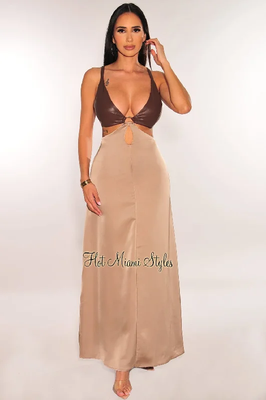 Chocolate Faux Leather Latte Silk Sleeveless O-Ring Cut Out Maxi Dress Stylish Button-Up Maxi Dress Chocolate Faux Leather Latte Silk Sleeveless O-Ring Cut Out Maxi Dress Stylish Button-Up Maxi Dress