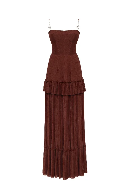 Chocolate spaghetti strap pleated maxi dress, Garden of Eden Elegant Boho Maxi Dress Chocolate spaghetti strap pleated maxi dress, Garden of Eden Elegant Boho Maxi Dress
