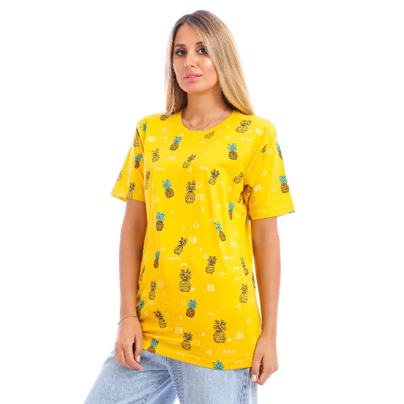 Pineapples Round Neck Unisex T-Shirt - Yellow Print Jacquard Patchwork