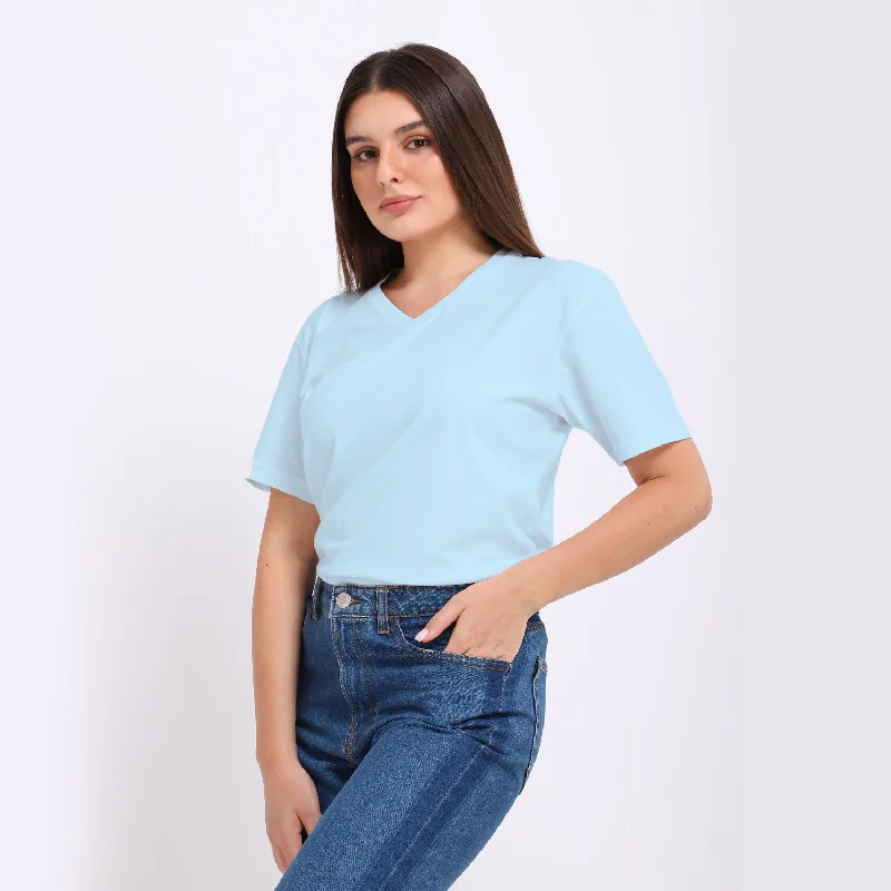 Basic  V Neck T-shirt -Sky Blue Sequined Glittery Shiny