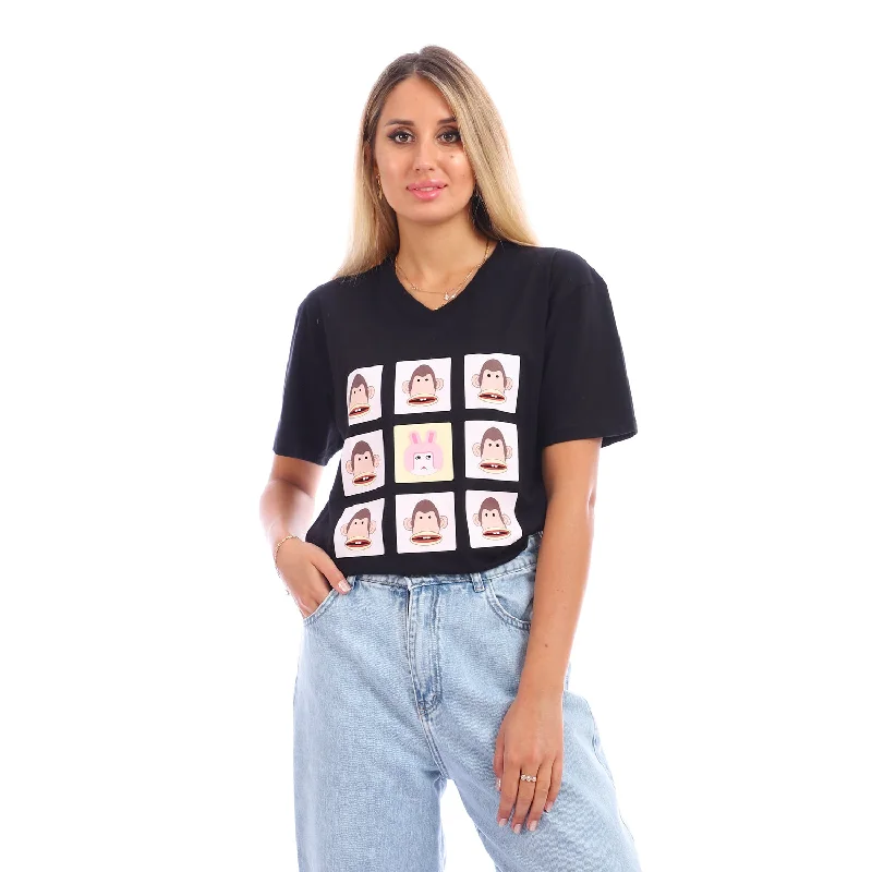 Kol El Nas Boggy V-Neck T-Shirt - Black Cotton Fabric Linen Fabric Terry Fabric