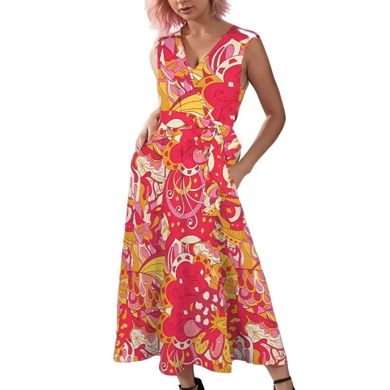 Decora V Neck Sleeveless Pocket Tie Waist Maxi Dress Stylish Maxi Dress with Frills