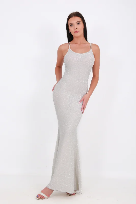 Destiny Spaghetti Maxi dress - Silver- Miss Molly Brand Elegant Pleated Maxi Dress