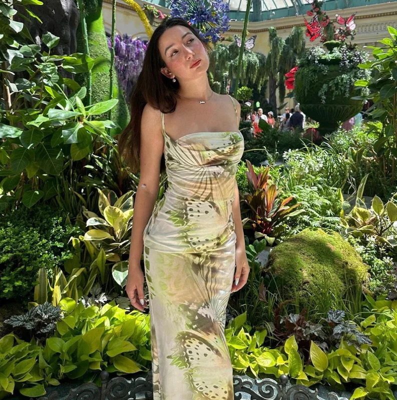Devorah Butterfly Print Maxi Dress Fashionable High-Low Maxi Dress