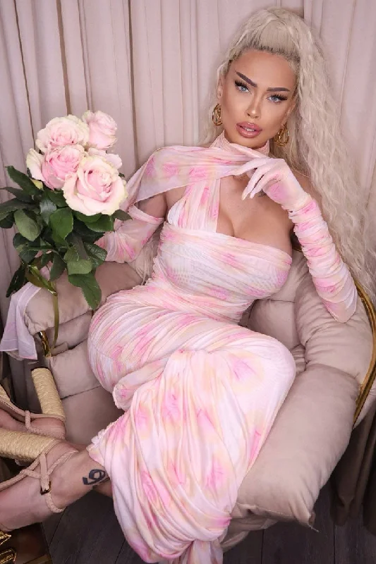 Elegant Glove Draped Halter Floral Mesh Ruched Formal Maxi Dress - Pink Chic Sleeveless Maxi Dress Elegant Glove Draped Halter Floral Mesh Ruched Formal Maxi Dress - Pink Chic Sleeveless Maxi Dress