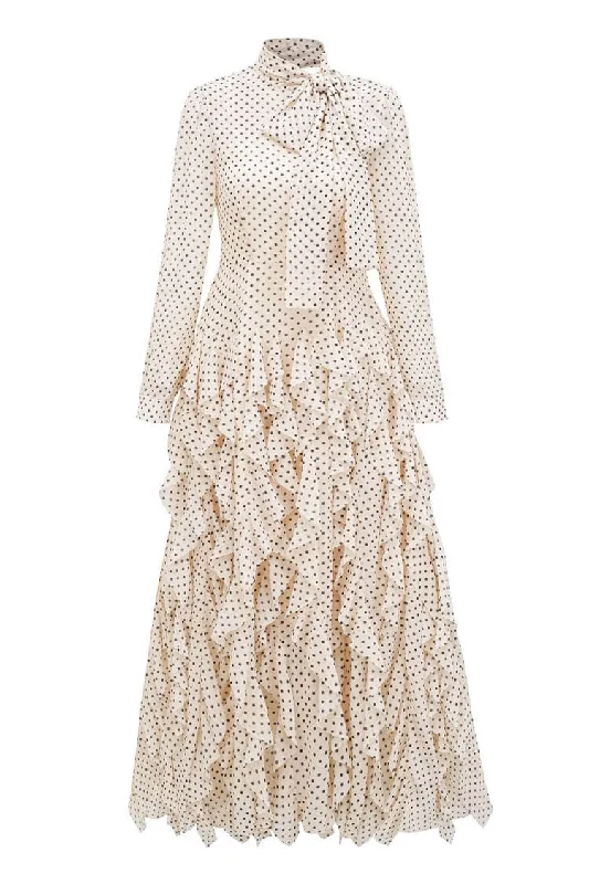 Elegant Polka Dot Tie Neck Long Sleeve Chiffon Ruffle Tiered Evening Maxi Dress Trendy Maxi Dress with Belt Elegant Polka Dot Tie Neck Long Sleeve Chiffon Ruffle Tiered Evening Maxi Dress Trendy Maxi Dress with Belt