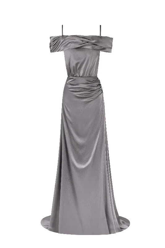 Elegant silver off-the-shoulder silk maxi dress Fashionable Open-Back Maxi Dress