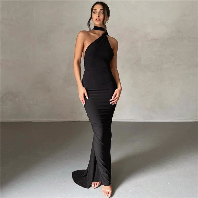 JuliaFashion-Elegant Sleeveless Halterneck Cutout Maxi Dress Comfortable Satin Maxi Dress JuliaFashion-Elegant Sleeveless Halterneck Cutout Maxi Dress Comfortable Satin Maxi Dress