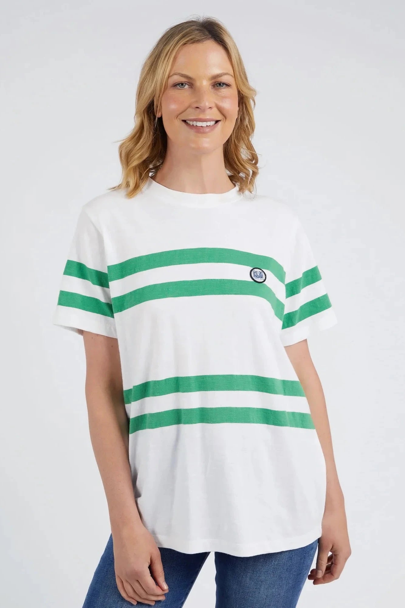 ELM ALLEGRA S/S TEE - WHITE & GREEN STRIPE Hooded Caped Shawl Collar