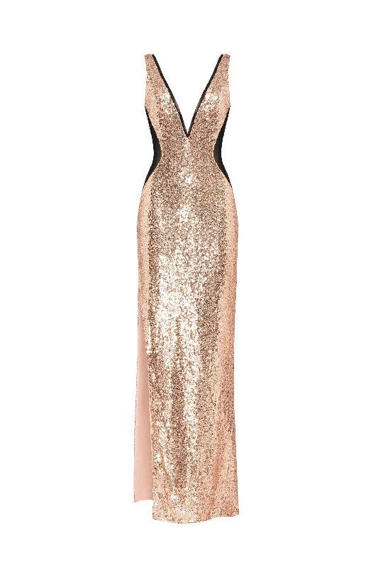 Extravaganza fully sequined gold maxi dress, Smoky Quartz Trendy Maxi Dress with Belt