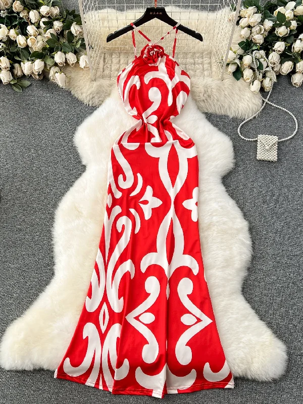 Eye-Catching White Geometric Red Maxi Dress Fashionable Chiffon Tiered Maxi Dress