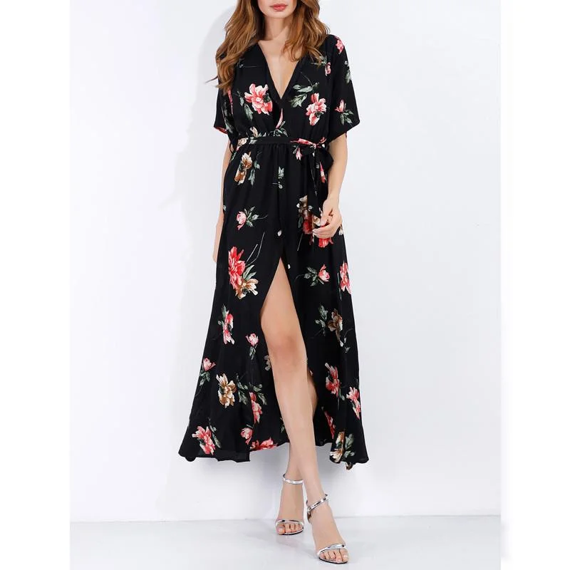 Black Floral Print Long Maxi Dress Cozy Open-Back Maxi Dress