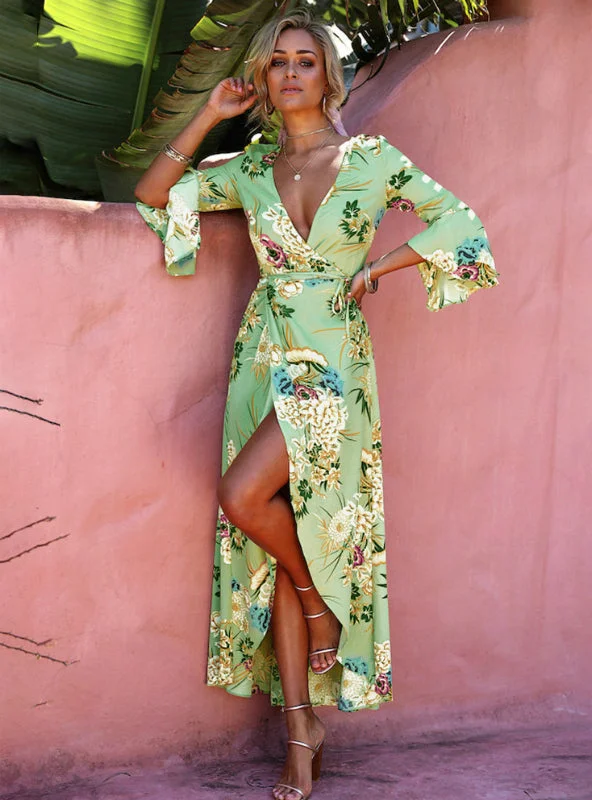 Floral Print Summer Maxi Dress Women Vintage V Neck Chic Summer Floral Maxi Dress