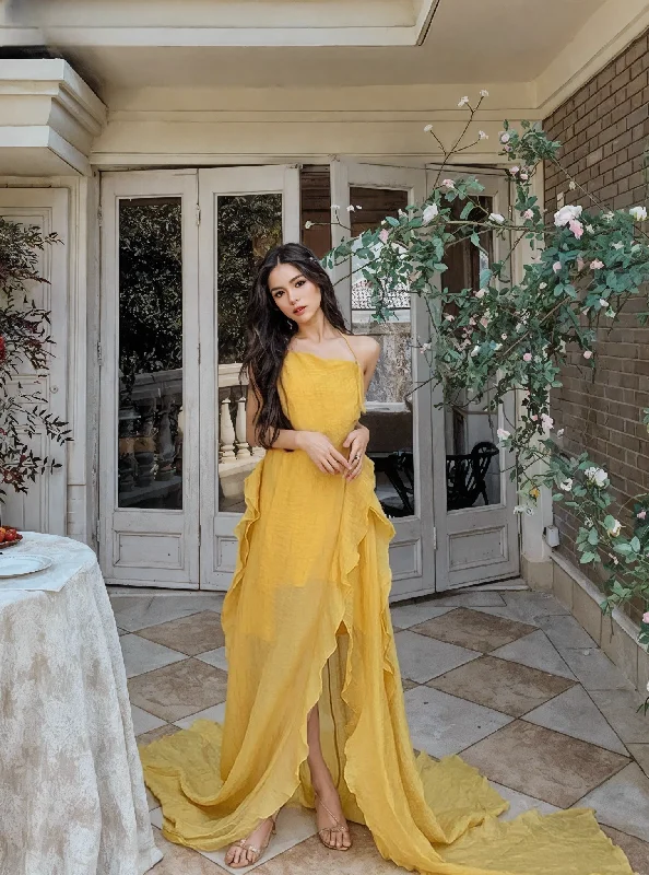 Flowing Ruffles Yellow Strapless Maxi Dress Comfortable Fit-and-Flare Maxi Dress
