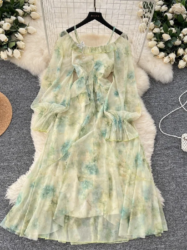 Flowing Sleeves Soft Pastel Hues Maxi Dress Comfortable Pleated Maxi Dress