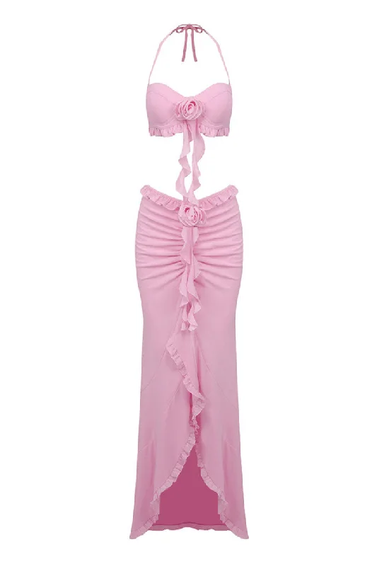 Flowy Halter Tie Rose Bra Ruched Mesh Draped Ruffle Two Piece Maxi Dress Stylish Boho Chic Maxi Dress