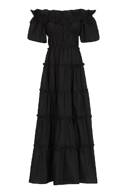 Flowy Off Shoulder Short Sleeve Ruffle Tiered Beach Vacation Maxi Dress Stylish V-Neck Maxi Dress