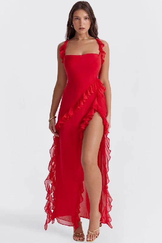 Fluttering Sweetheart Sleeveless High Split Draped Ruffle Maxi Dress - Red Fashionable Printed Maxi Dress Fluttering Sweetheart Sleeveless High Split Draped Ruffle Maxi Dress - Red Fashionable Printed Maxi Dress
