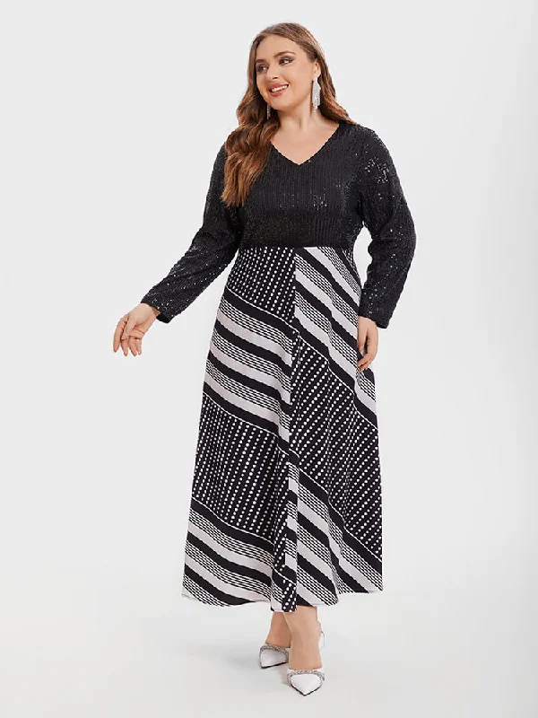 Geo Print & Contrast Sequin Maxi Dress Comfortable Bohemian Maxi Dress