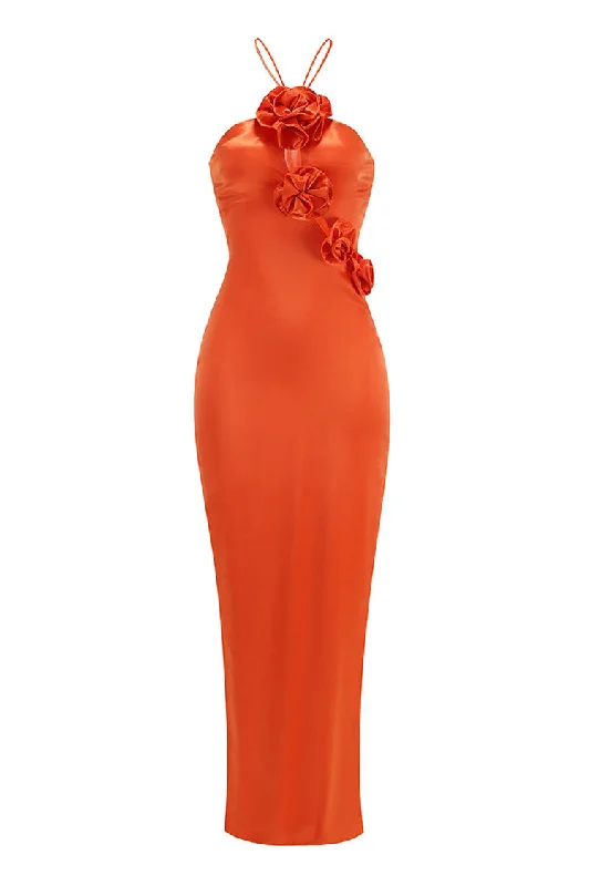 Glamorous Rosette Embellished Split Cutout Halter Neck Satin Evening Maxi Dress Elegant Maxi Dress with Ruffles Glamorous Rosette Embellished Split Cutout Halter Neck Satin Evening Maxi Dress Elegant Maxi Dress with Ruffles