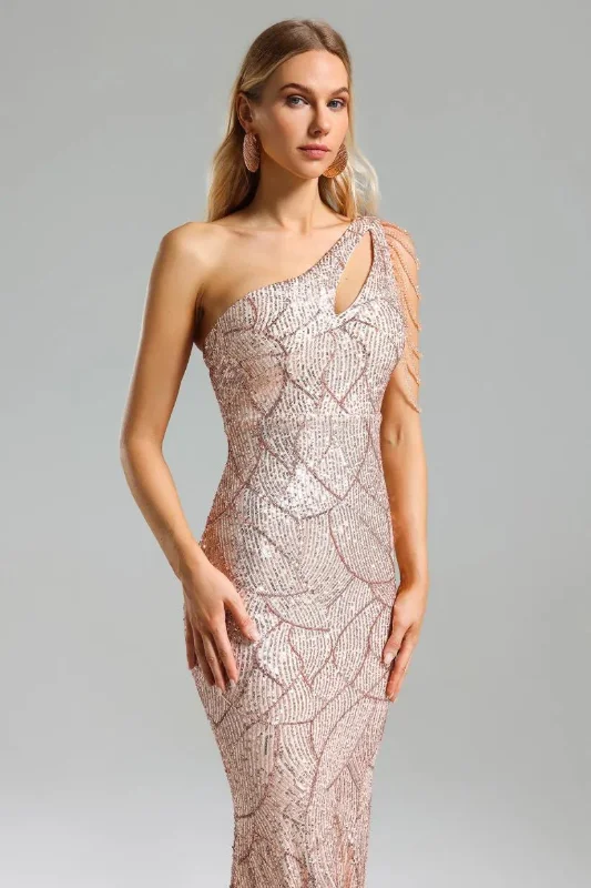 Glimmering One-Shoulder Maxi Dress-Miss Molly brand Stylish Button-Up Maxi Dress
