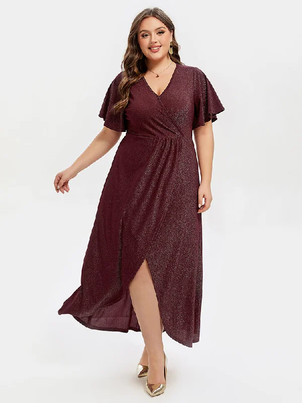 V-Neck Ruffle Sleeve Split Glitter Maxi Dress Trendy Satin Maxi Dress