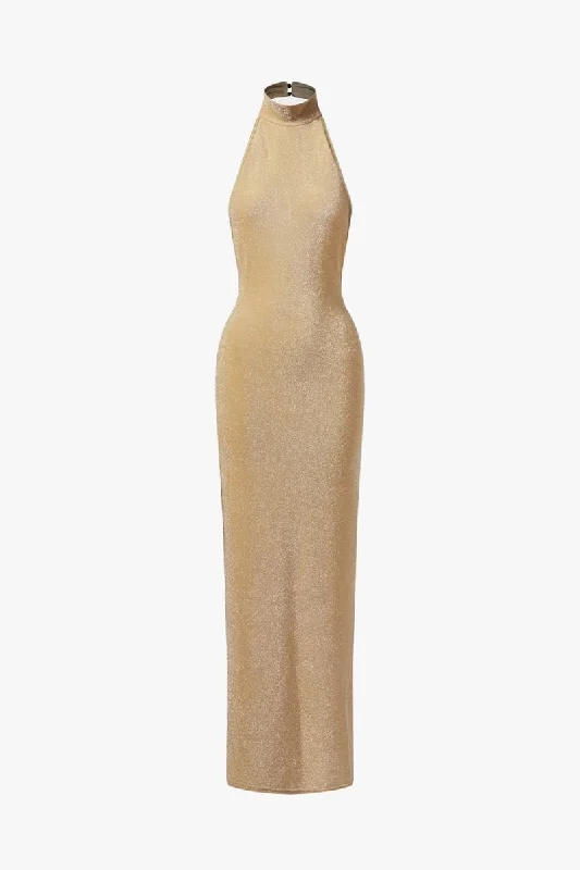 Gold Knit Maxi Dress Trendy Ruffled Maxi Dress