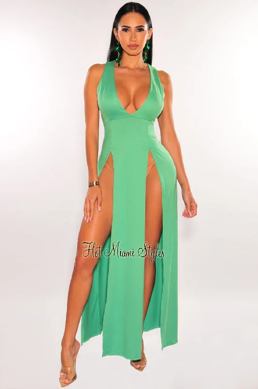 Green Sleeveless V Neck Double Slit Cover Up Maxi Dress Trendy Printed Maxi Dress