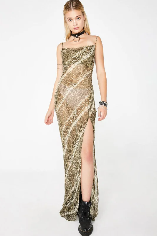 High Slit Cowl Neck Backless Slip Maxi Dress - Snake Cozy Knit Maxi Dress