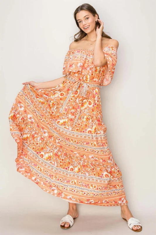 Off-Shoulder Tie Front Maxi Dress Comfortable Plunging Neckline Maxi Dress