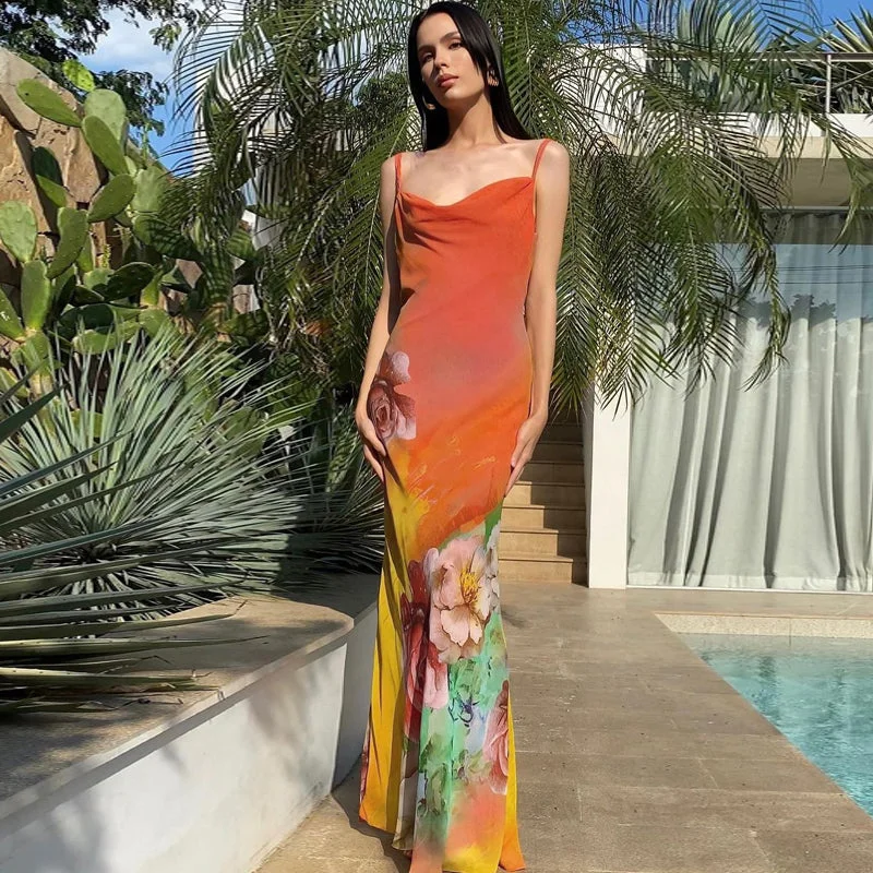 Ibtisam Backless Floral Maxi Dress Elegant Sleeveless Maxi Dress