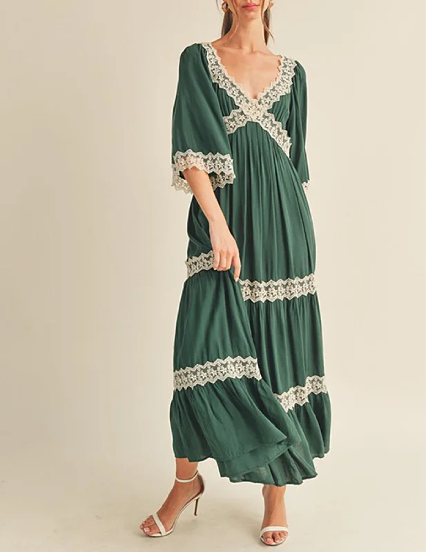 Isabel Emerald Lace Trimmed Maxi Dress