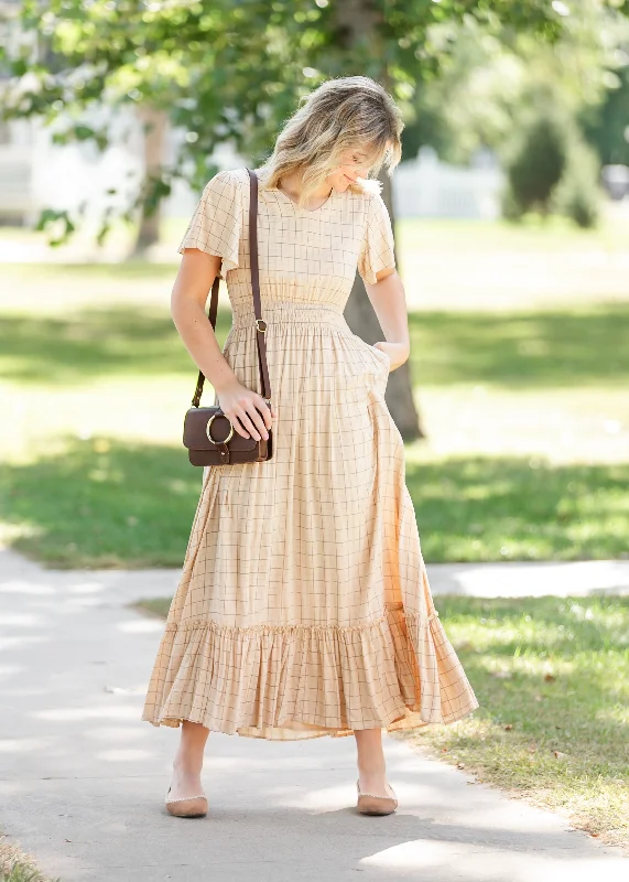 Isabella Taupe Plaid Maxi Dress Comfortable Pleated Maxi Dress